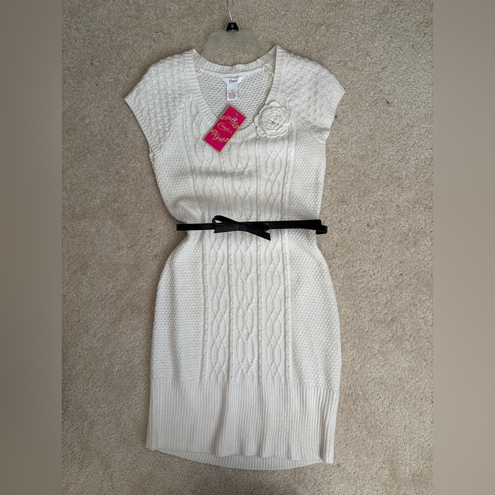 NWT Y2K CANDIE’S WHITE IVORY KNIT SWEATER DRESS BLACK BOW BELT COTTAGECORE SMALL